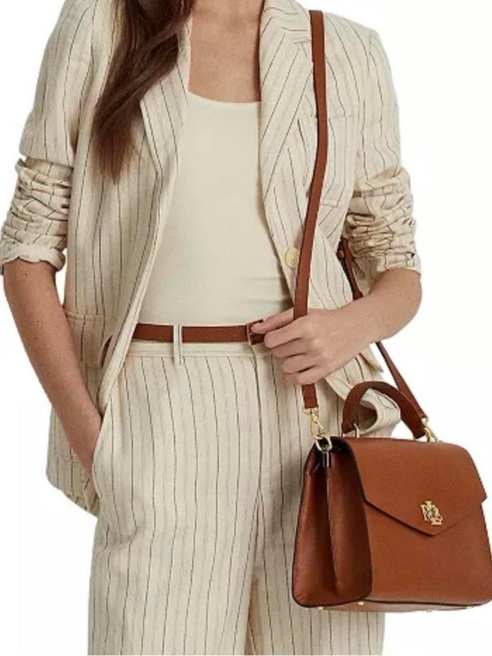 Lauren Handbag Textured Leather Medium Farrah Satchel Tan